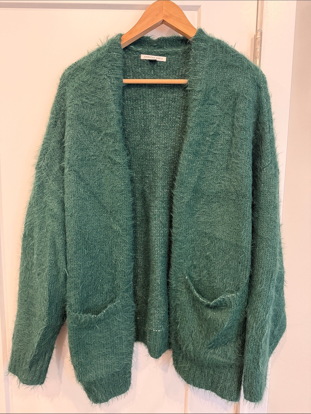 American Eagle Cozy Green Fuzzy Open-Front Women's Cardigan, L